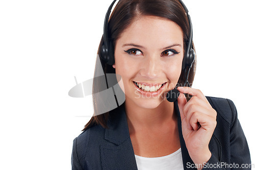 Image of Customer support communication, studio face or happy woman talking on conversation, telecom headset or networking. Callcenter person, contact us CRM or insurance agent with advice on white background