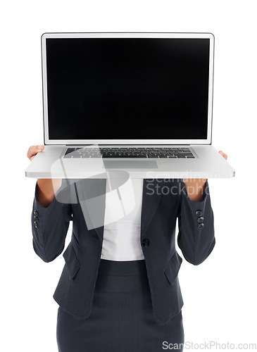 Image of Laptop screen mock up, studio and corporate woman with brand promotion, digital advertising or online notification. Logo, hidden and person with social media presentation isolated on white background