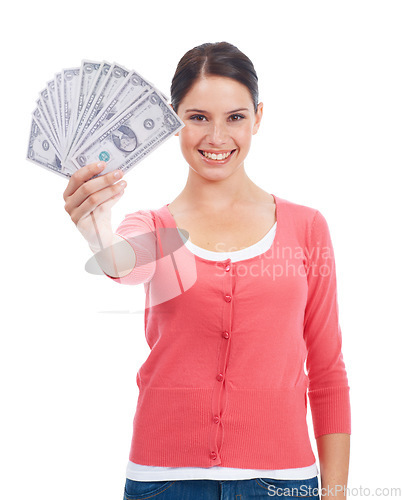 Image of Finance, money and winner with portrait of woman for investment, success and growth. Cash, dollar and happy face of girl customer isolated on white background for financial, deal and promotion