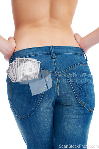 Image of Finance, savings and money in jeans of woman for investment, success and growth. Cash, dollar and budget with girl customer isolated on white background for financial, payment and deal promotion