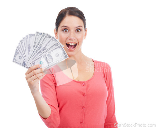 Image of Wow, cash and finance with portrait of woman for investment, success and growth. Money, dollar and wow with face of girl customer isolated on white background for financial, deal and promotion