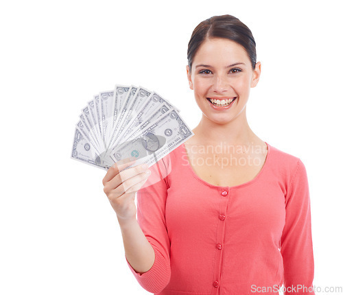 Image of Finance, money and success with portrait of woman in studio mockup for investment, winner and growth. Cash, dollar and wow with customer isolated on white background for financial, deal and promotion