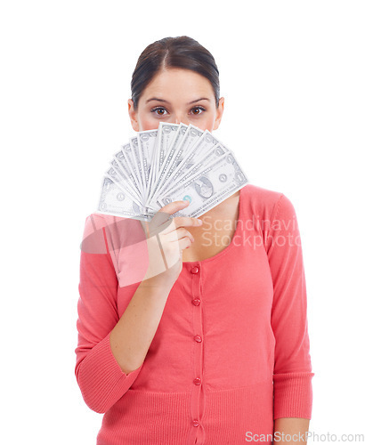 Image of Cash, deal and finance with portrait of woman for investment, success and growth. Money, dollar and wow with girl customer hiding isolated on white background for financial, winner and promotion