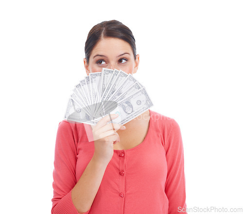 Image of Growth, finance and success with woman and money for investment, winner and economy. Cash, dollar and wow with face of girl customer isolated on white background for financial, deal and promotion