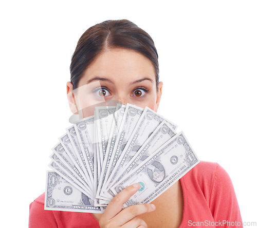 Image of Finance, money and winner with portrait of woman for investment and success in studio. Cash, dollar and wow with face of girl customer isolated on white background for financial, deal and promotion