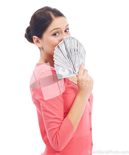 Image of Finance, money and winner with portrait of woman in studio for investment, success and growth. Cash, dollar and wow with girl customer isolated on white background for financial, deal and promotion