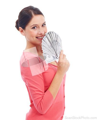Image of Happy, money and finance with portrait of woman for investment, success and growth. Cash, dollar and wow with face of girl customer isolated on white background for financial, deal and promotion