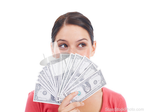 Image of Thinking, winner and woman with money fan for investment, success and cashback growth. Cash, dollar and ideas for finance customer on isolated white background for financial deal and promotion