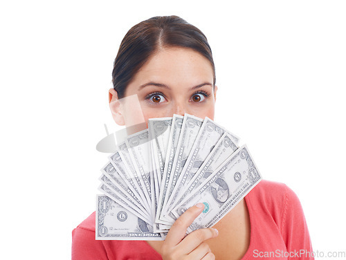 Image of Finance, money and winner with portrait of woman for investment, success and growth. Cash, dollar and wow with girl customer hiding isolated on white background for financial, deal and promotion