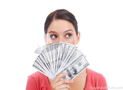 Image of Thinking, money fan and winner with woman in studio for investment, success and growth. Cash, dollar and hmm with curious customer isolated on white background for financial, sale and planning