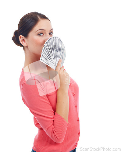 Image of Winner, money and cashback with portrait of woman and mockup for investment, success and growth. Cash, dollar and excited girl customer isolated on white background for financial, deal and promotion