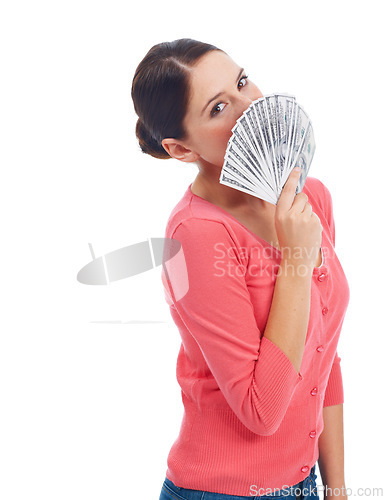 Image of Money, finance and portrait of woman in studio mockup for investment, success and growth. Cash, dollar and winner with girl customer isolated on white background for financial, deal and promotion