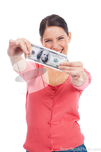 Image of Finance, money and excited with portrait of woman for investment, success and growth. Cash, dollar and winner with face of girl customer isolated on white background for financial, deal and promotion