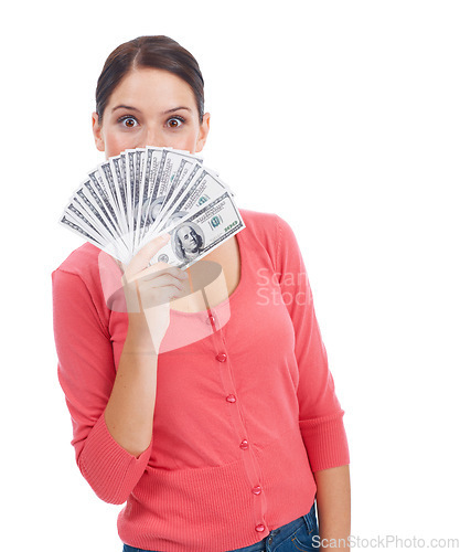 Image of Cash, happy and success with portrait of woman and mockup for investment, winner and growth. Money, dollar and wow with girl customer isolated on white background for financial, deal and promotion