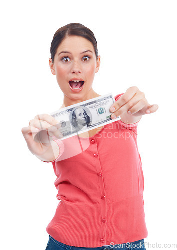 Image of Winner, wow and money with portrait of woman for investment, success and growth. Cash, dollar and sale with face of girl customer isolated on white background for financial, deal and promotion