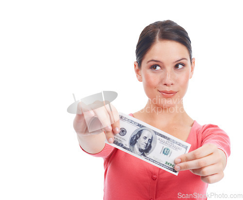 Image of Thinking woman, money and dollar isolated on white background with mockup for investment, success and growth. Cash, dollar and hmm with curious customer in studio for financial, deal and promotion