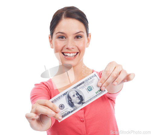 Image of Money, finance and smile with portrait of woman for investment, success and growth. Cash, dollar and wow with face of girl customer isolated on white background for financial, deal and promotion