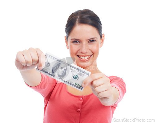 Image of Finance, money and winner with portrait of woman for investment, success and growth. Cash, dollar and happy with face of girl customer isolated on white background for financial, deal and promotion