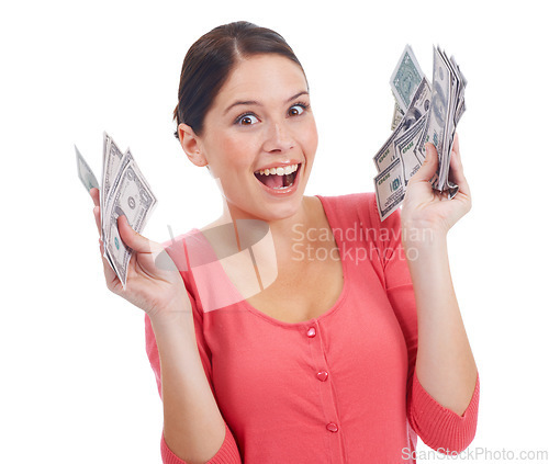 Image of Sale, money and winner with portrait of woman for investment and success in studio. Cash, dollar and wow with face of girl customer isolated on white background for financial, deal and promotion