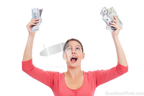 Image of Studio money, celebration and woman excited for lottery win, competition prize or cash dollar award. Finance trading, payment or winner of poker, bingo or casino gambling isolated on white background