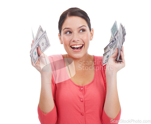 Image of Finance, happy and deal with woman and money for investment, success and growth. Cash, dollar and wow with face of girl customer isolated on white background for financial, sale and promotion