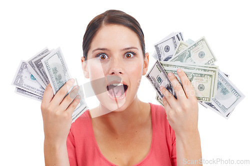 Image of Wow, money and winner with portrait of woman for investment, success and growth. Cash, dollar and finance with face of girl customer isolated on white background for financial, deal and promotion