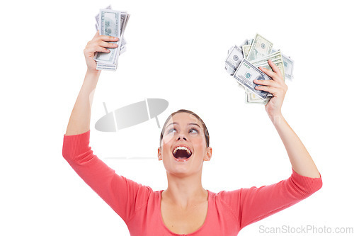 Image of Studio money, excited and woman celebrate winning lottery, competition prize or cash dollar award. Finance trading, payment or winner of poker, bingo or casino gambling isolated on white background