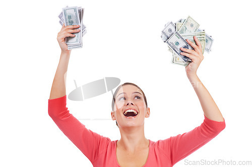 Image of Money celebration, wow and studio woman excited for lotto win, competition prize or cash dollar award. Finance, payment or casino gambling, bingo or female poker winner isolated on white background
