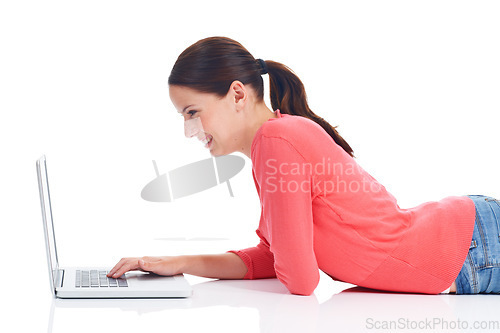 Image of Laptop, studio floor or happy woman reading funny meme, internet comic or typing website search for comedy video. Online shopping promo, e commerce sales or model profile isolated on white background