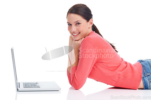 Image of Laptop, studio portrait and woman on floor doing internet, website or digital web search for research project. Online shopping sales, ecommerce girl and happy model smile isolated on white background