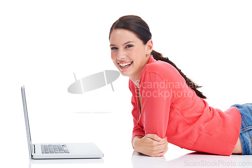 Image of Laptop, studio portrait and happy woman on floor doing internet, website or digital web search for research project. Online shopping sales, e commerce girl or model smile isolated on white background