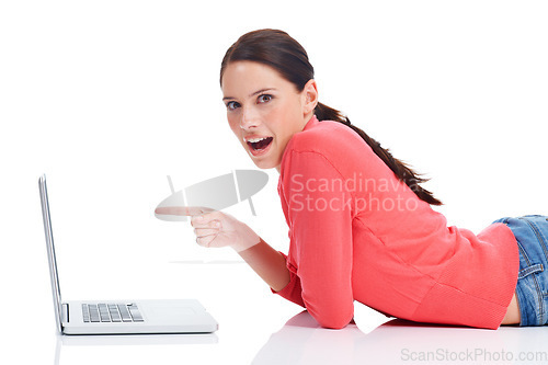 Image of Laptop, floor or pointing woman with surprise from web store discount, retail studio promotion or shocking news. Online shopping wow, e commerce sales or model promo girl isolated on white background