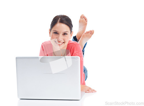 Image of Studio laptop, relax or woman portrait on floor doing internet, website or digital web search for research project. Online shopping sales, ecommerce mockup or happy model isolated on white background