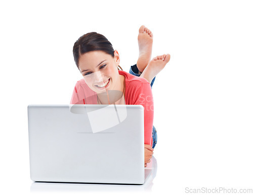 Image of Studio laptop, relax on floor or happy woman reading funny meme, internet comic or website search for comedy video. Online shopping mockup, ecommerce sales promo or model isolated on white background