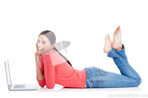 Image of Laptop, studio smile and woman portrait on floor doing internet, website or digital web search for research project. Online shopping sales, e commerce girl or happy model isolated on white background