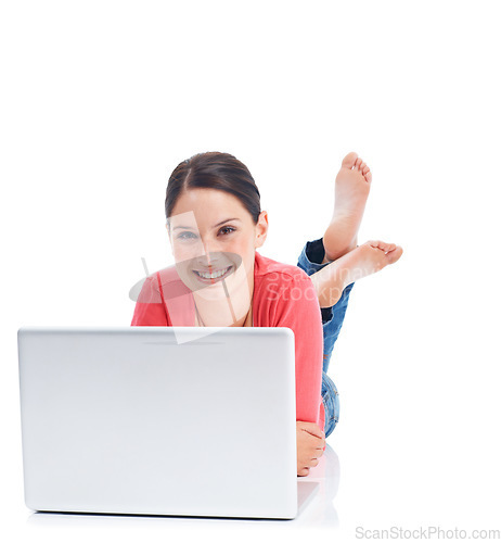 Image of Studio laptop, relax portrait and woman smile on floor doing internet, website or digital web search for research project. Online shopping girl, e commerce or happy model isolated on white background