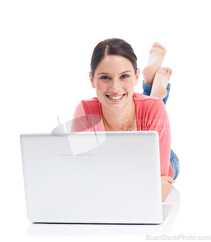 Image of Studio laptop, portrait smile and relax woman on ground doing internet, website or digital web search for research project. Online shopping girl, ecommerce or happy model isolated on white background