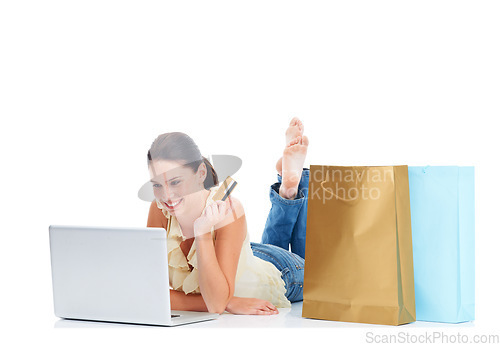 Image of Online shopping, floor laptop and woman with credit card for fintech bank payment, financial sales product or store website. Ecommerce, retail gift bag or studio customer isolated on white background