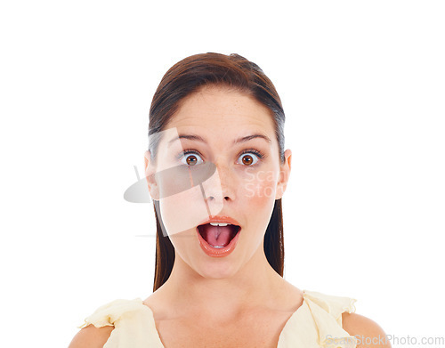 Image of Face portrait, surprise and woman shocked over winner notification, discount announcement or studio news. Wow, omg facial expression and female model, winner or person isolated on white background