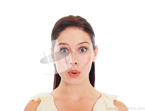 Image of Face portrait, surprise and woman amazed over discount sales, winning announcement or victory news. Emoji expression, retail promotion wow or studio model, girl or person isolated on white background