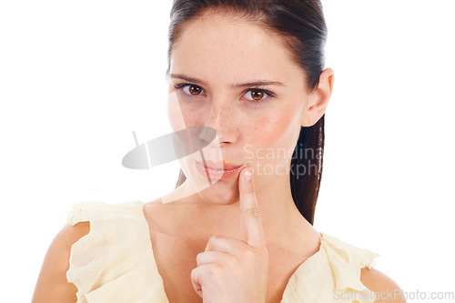 Image of Thinking, face portrait and curious woman contemplating ideas, question or doubt for problem solving solution. Opinion, choice and studio person think of decision, plan or option on white background