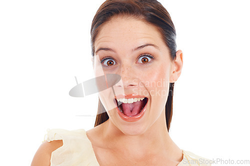 Image of Surprise, happiness or woman excited for portrait news, studio sales discount or prize giveaway. Competition winner, celebration and face of person shout for winning notification on white background