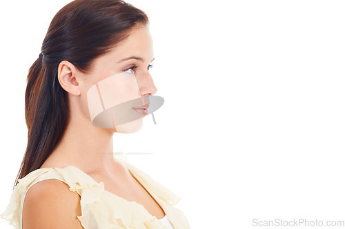 Image of Face profile, studio mockup and woman advertising copy space, brand logo or promotion information. Beauty commercial, branding and relax female model isolated on mock up white background