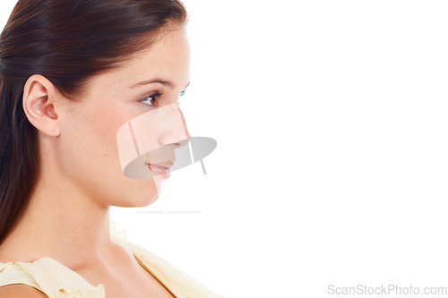 Image of Face profile, satisfaction and mockup woman with studio copy space, brand logo design or promotion information. Retail commercial, discount sales info and relax person on mock up white background