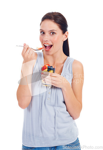 Image of Portrait, eating woman and fruit salad glass for weight loss, health diet or body detox for wellness lifestyle. Vegan healthcare, nutritionist food or studio model girl isolated on white background