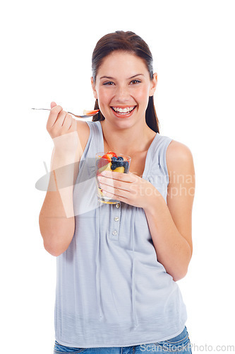 Image of Laughing woman, portrait or fruit salad glass for weight loss, health diet or body detox for wellness lifestyle. Vegan healthcare, nutritionist food or studio girl eating isolated on white background