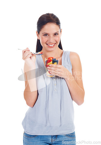 Image of Happy portrait, woman and fruit salad glass for weight loss, health diet or body detox for wellness lifestyle. Vegan healthcare, nutritionist food and studio model eating isolated on white background