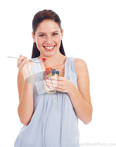 Image of Portrait smile, woman and fruit salad glass for weight loss, health diet or body detox for wellness lifestyle. Vegan healthcare, nutritionist food and studio model eating isolated on white background