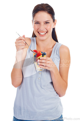 Image of Health portrait, happy woman or fruit salad glass for weight loss, vegan diet or fruit detox for wellness lifestyle. healthcare, nutritionist food or studio girl eating isolated on white background