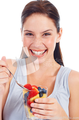 Image of Happy portrait, woman or fruit salad mix for body weight loss, vegan diet or healthcare detox for wellness lifestyle. Food glass, nutritionist face or studio model eating isolated on white background